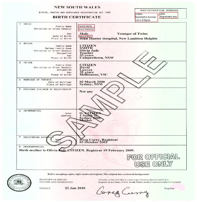 Birth certificate (Australian) Unique Student Identifier