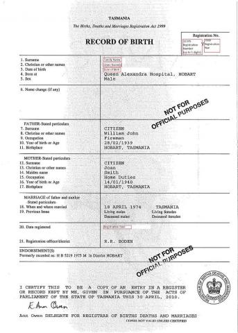 Example of a TAS birth certificate 1